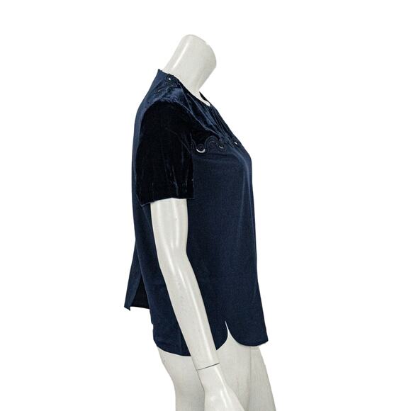 Sandro Paris Navy Short Sleeve Blouse Velvet trim Women's Size 2 - Picture 4 of 7